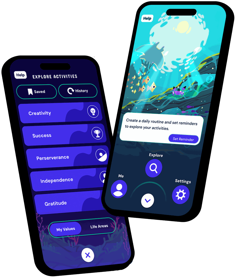 Oshn app: exploring activities by value, and the home screen prompting a daily routine